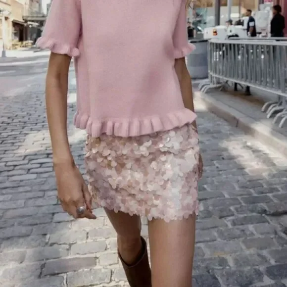 NWT Zara Sequin Mini Skirt in Dusty Pink - Picture 4 of 8